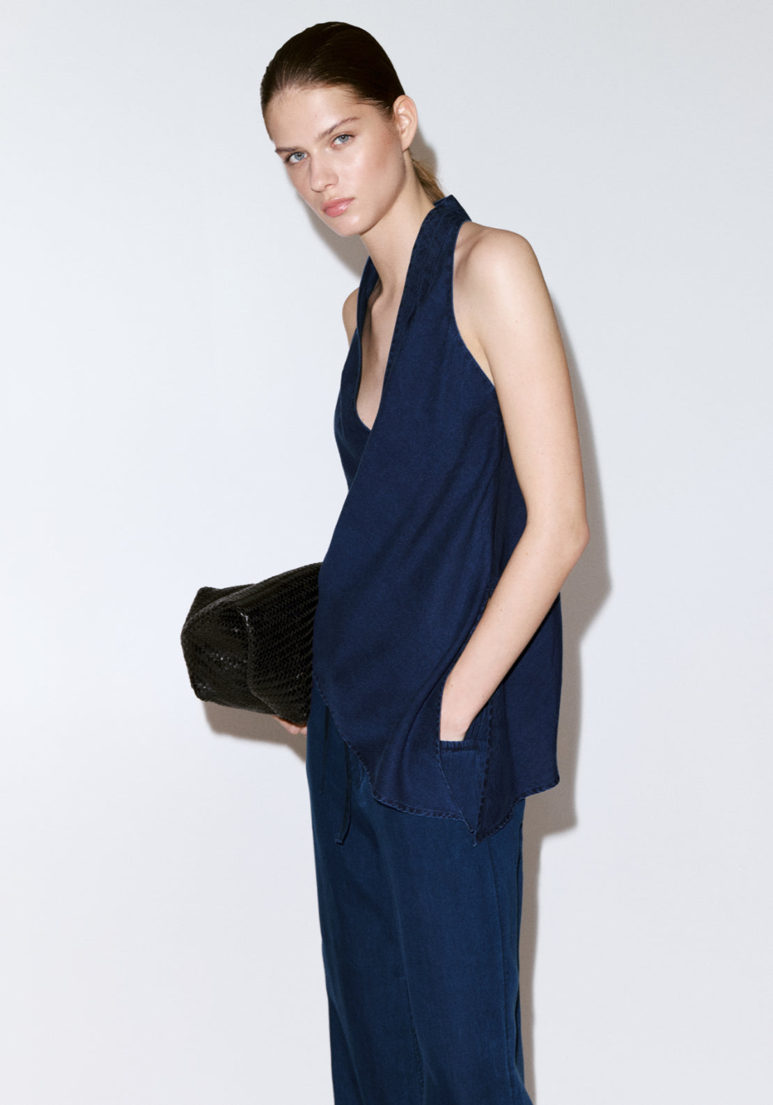 Asymmetrical Halter Neck Denim Top - Denim Blue