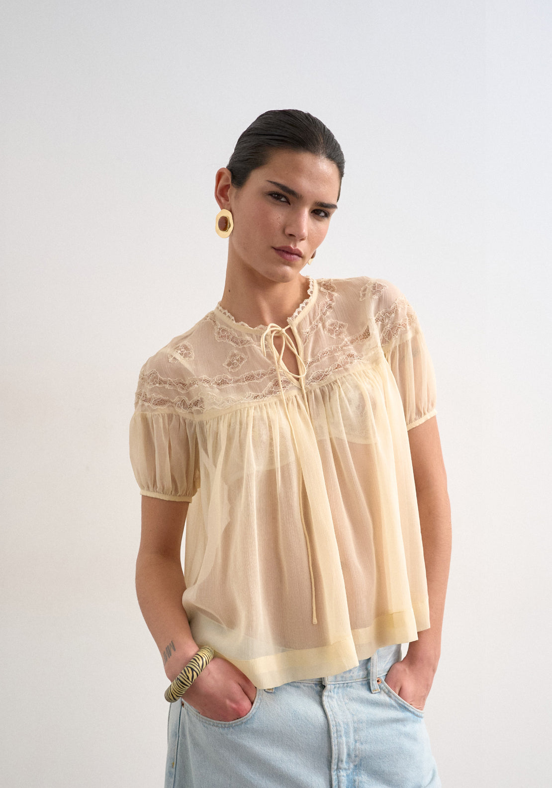Topshop Layla Short Sleeve Lace Top - Pumice Stone 1 Shaws Department Stores
